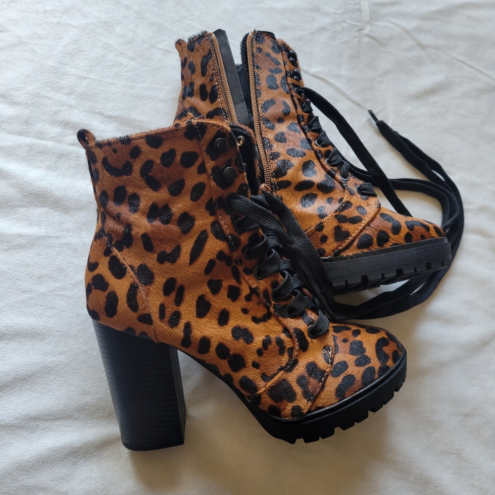 Express Calf Hair Leopard Print Heeled Boots